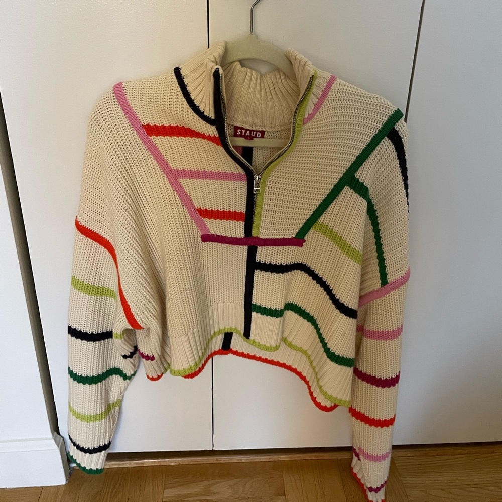 STAUD Cream Multicolor Striped Sweater